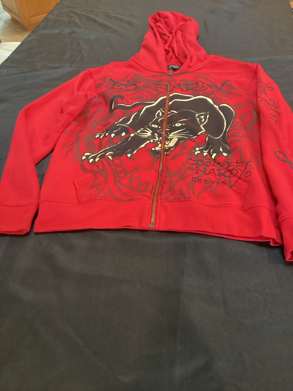 Ed Hardy,Red Graphic Zip-Up Hoodie Jacket -Size Medium